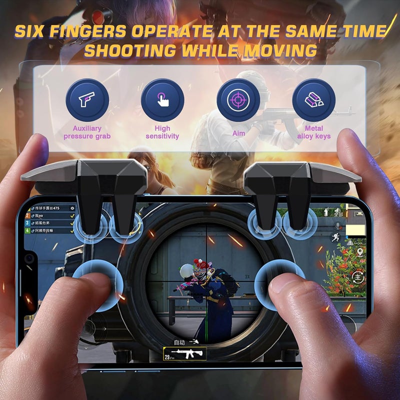 EasEasy PUBG Game Trigger, Mobile Phone Controller Compatible for PUBG/Rules of Survival/Knives Out, 6 Fingers Trigger with Sensitive Aim&Shoot Smartphone Joystick for iPhone & Android-Black+Gun - Image 2